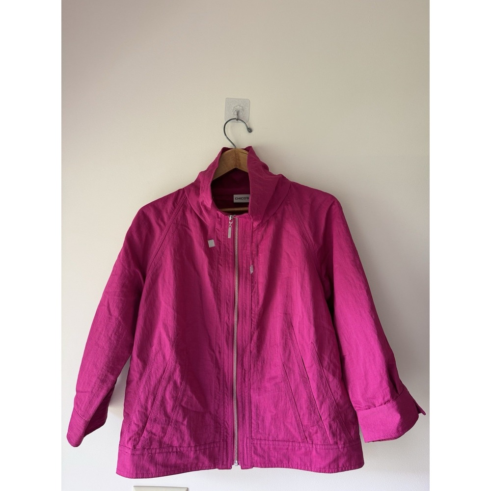 Chico's Size 1 Medium Pink Full Zip Lightweight Jacket Funnel Neck Drawstring